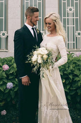 Ivory Tulle A-line Long Sleeves Bateau Wedding Dresses with Lace Appliques